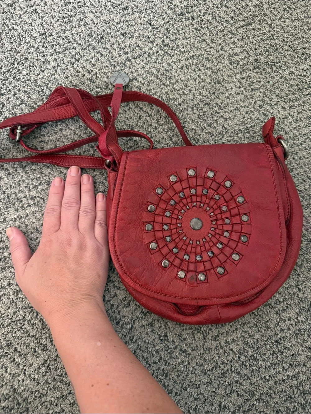 Red Studded Sunburst Detail Crossbody Bag